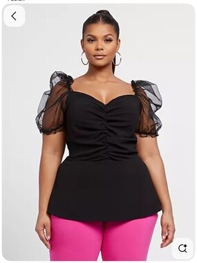 Fashion to Figure- Black Ruched Sweetheart Peplum Top with Sheer Puff Sleeves